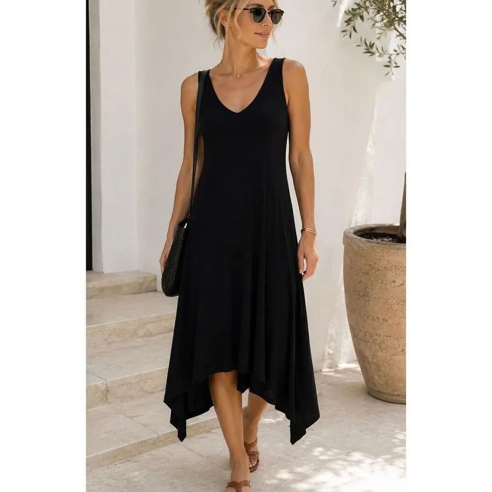 Karen Kane Black Jersey Midi Dress Shark Bite Hemline Women’s XS